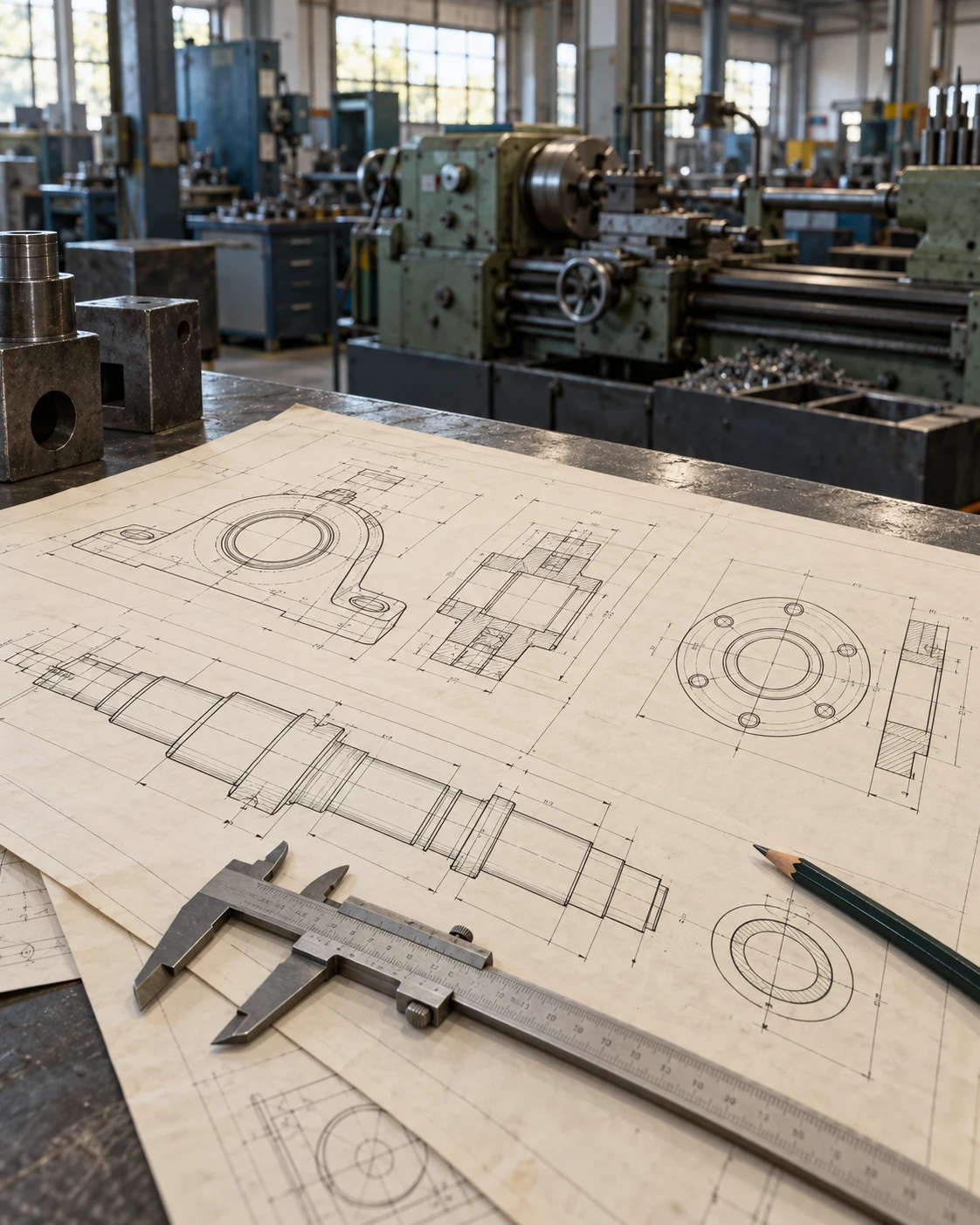 Escena ilustrativa de planos mecánicos sobre una mesa de trabajo, con un taller desenfocado al fondo